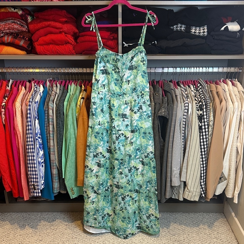 Unbranded green/teal floral tie strap lined maxi dress size S